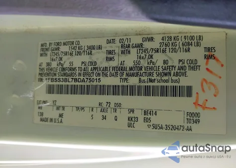 2011 Ford Econoline E350 Super Duty Wagon z USA, uszkodzony, nr VIN 1FBSS3BL7BDA75015